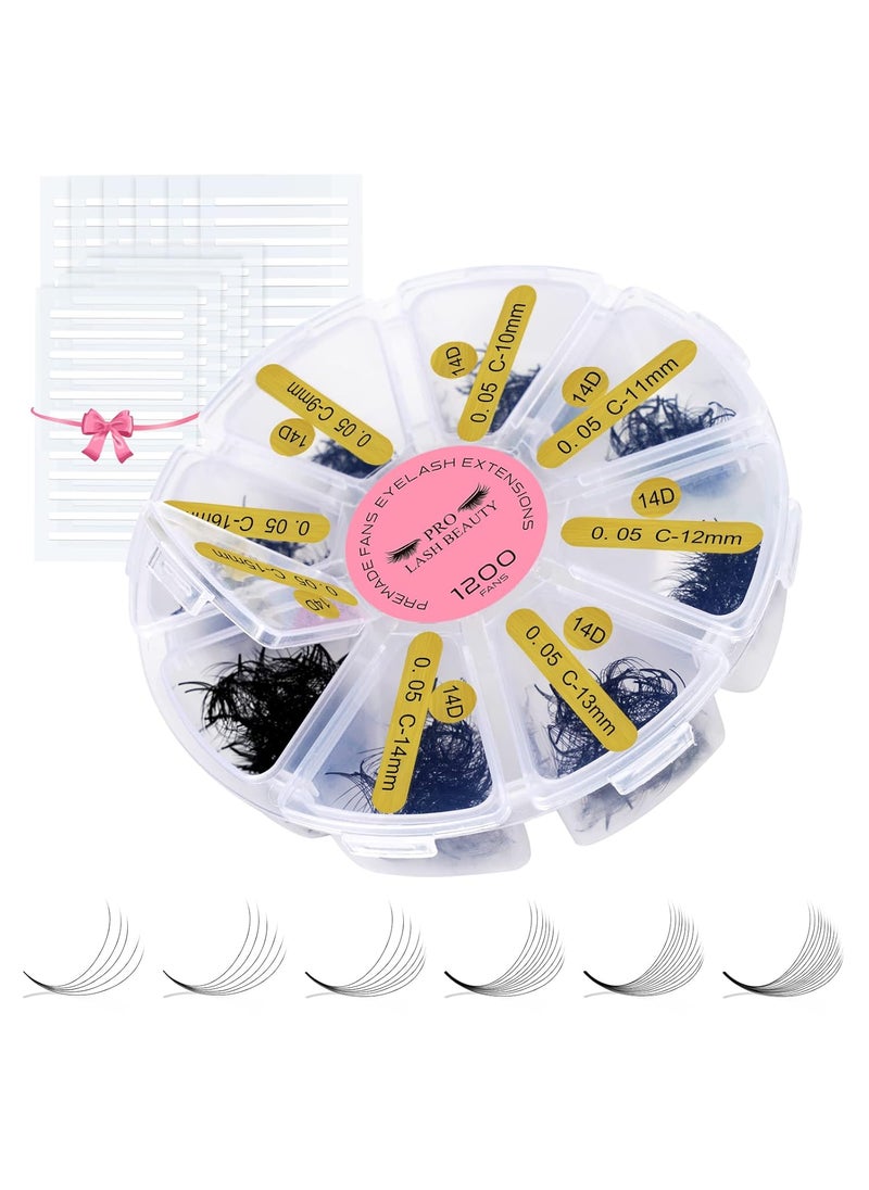 PRO LASHBEAUTY 1200 Fans Premade Fans Eyelash Extensions Premade Volume Lash Extension Mixed Tray From 5D to 14D Handmade Lashes Bulk Promade Fans Soft Pointed Fans 7D-D-0.07-9-16mix 