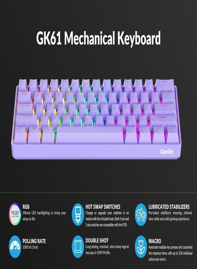 Geeky GK61 60% | Hot Swappable Mechanical Gaming Keyboard | 61 Keys Multi Colour RGB LED Backlight for PC/Mac Gamer| ANSI US American (Lavender, Mechanical Speed Yellow) - Image 5
