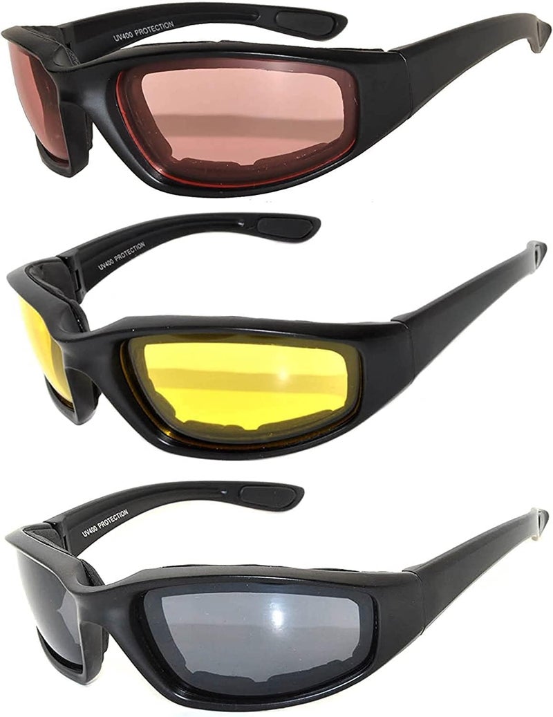 OWL 3 Pack Motorcycle Riding Glasses, Padded Sport Sunglasses, Assorted Colors for Men and Women - Image 1