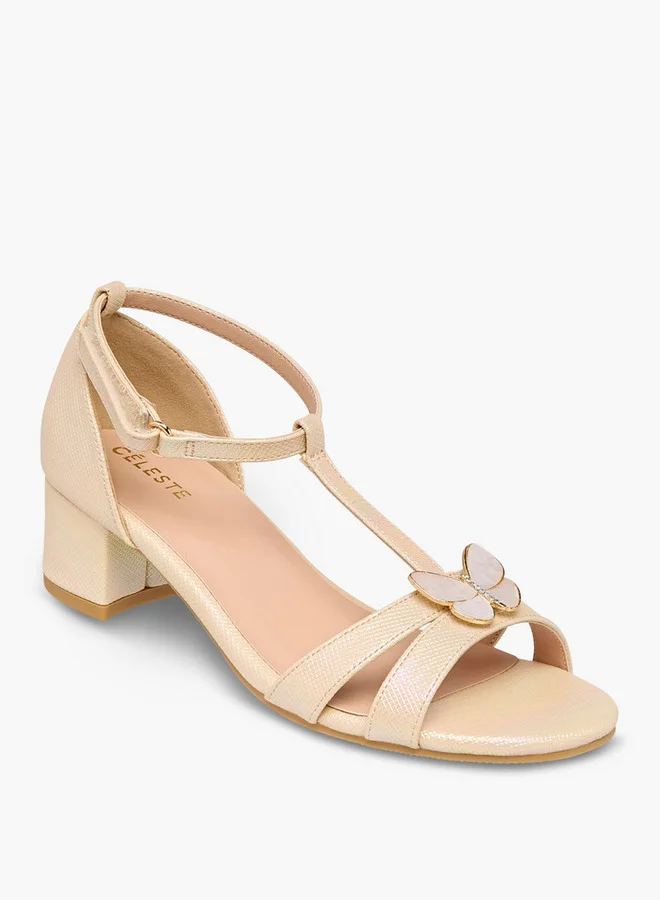 Celeste Girls' Butterfly Accent Block Heel Sandals with Hook and Loop Closure