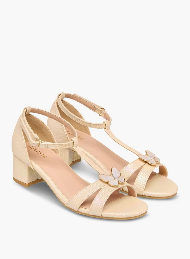 Celeste Girls' Butterfly Accent Block Heel Sandals with Hook and Loop Closure