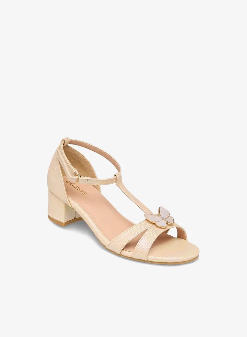 Celeste Girls' Butterfly Accent Block Heel Sandals with Hook and Loop Closure