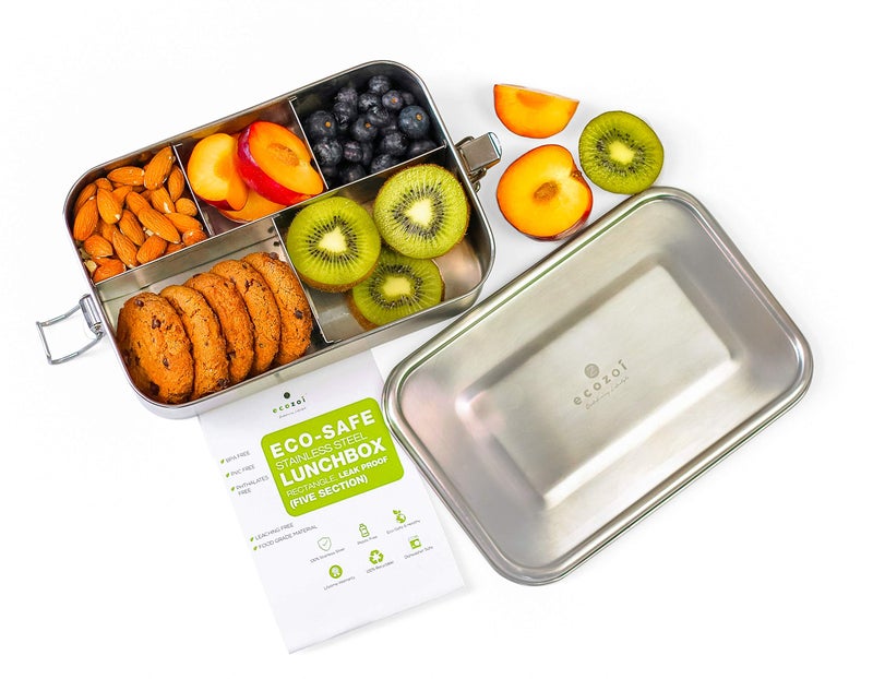 ecozoi Stainless Steel Lunch Box 1Tier Metal Bento Box Leak Proof with 5 Compartments 50 Oz Metal Lunch Container Meal Prep Food Container with 50 ml Sauce Container