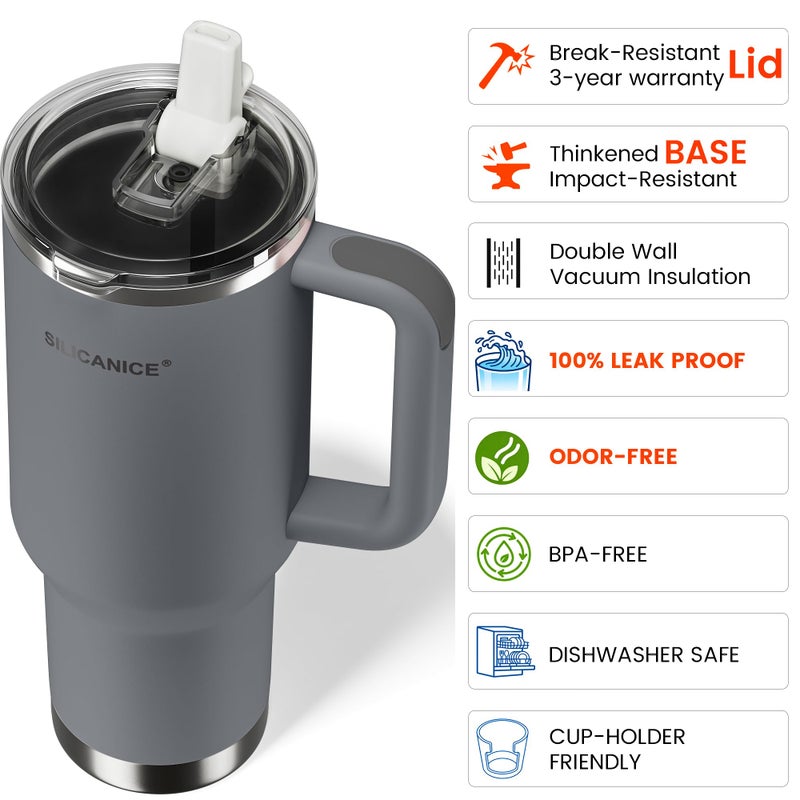 SILICANICE 40oz Insulated Tumbler with Handle, Leakproof Lid with Removable Spout and Straw, Double Wall Stainless Steel, Cup Holder Friendly, Travel/Gym/Office/Home - Gray - Image 5