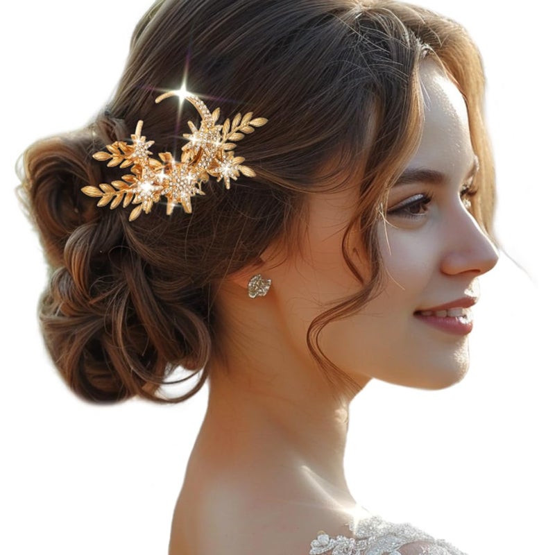 JAKAWIN JAKAWIN Rhinestone Star Bridal Hair Comb Crystal Moon Hair Piece Gold Leaf Wedding Hair Accessories for Women 