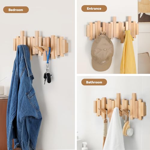 U-Fine Ufine Wood Wall Mounted Coat Rack with 6 Flip-Down Hooks 16 Inch Wall Hooks for Hanging in Entryway, Bathroom, Home Office - Image 3