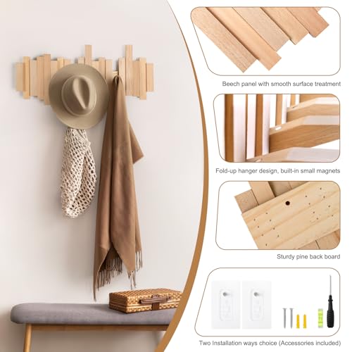 U-Fine Ufine Wood Wall Mounted Coat Rack with 6 Flip-Down Hooks 16 Inch Wall Hooks for Hanging in Entryway, Bathroom, Home Office - Image 2