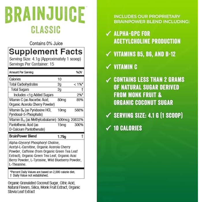 BrainJuice Nootropics Brain Support Supplement, Gluten Free Powder for Energy and Focus, Drink Mix with L Theanine, Alpha GPC, Vitamin B, Organic Green Tea Extract Caffeine, Classic, 15 Servings - Image 5