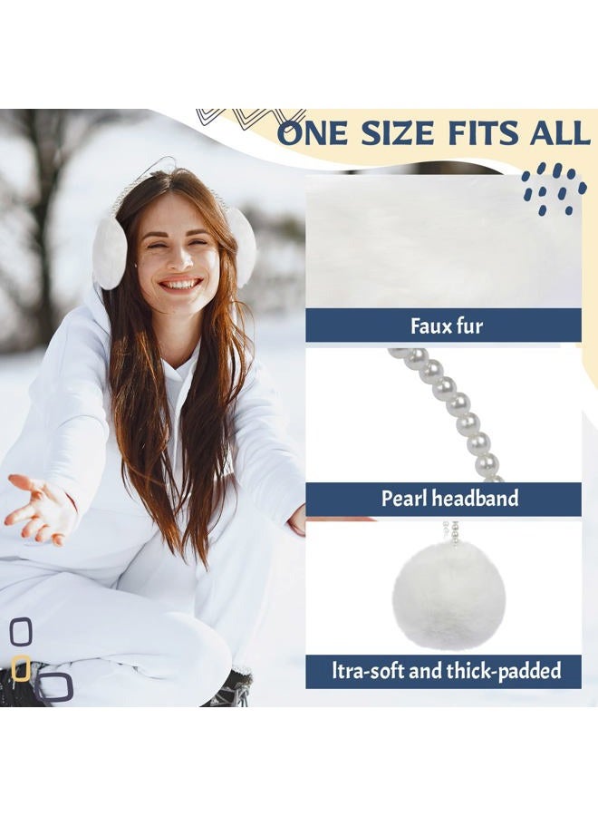 RONRONS Women Soft Plush Earmuffs Outdoor Warmers with Pearl Headband, White, 12cm/4.72inch - Image 3