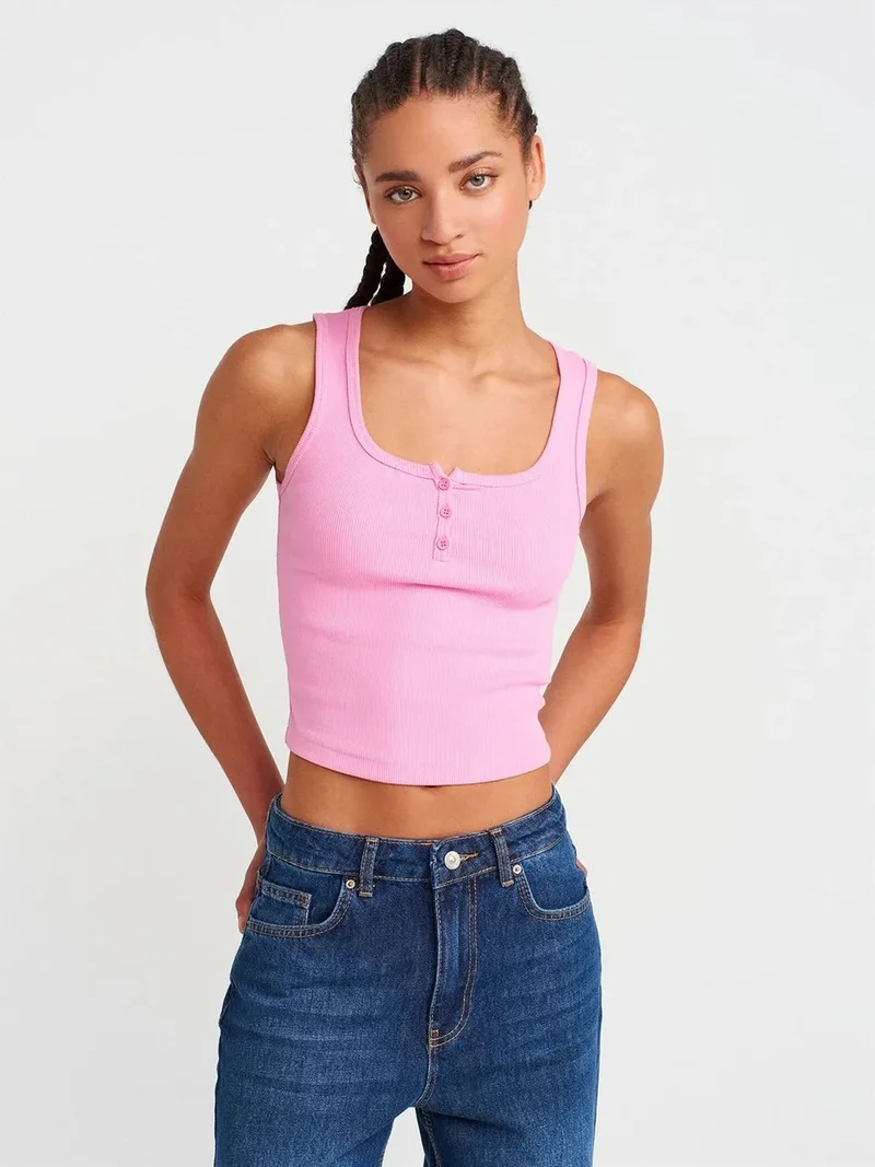 ديلفين DILVIN Women's Ribbed Crop Button-front Cami Blouse