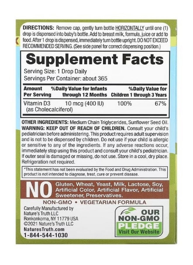 Nature's Truth Vitamins D3 Baby Drops Newborn 400 IU 0.31 fl oz 9.2 ml  - Image 2