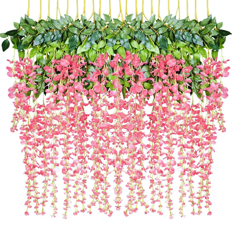 DearHouse 12 Pack 1 Piece 36 Feet Artificial Fake Wisteria Vine Ratta Hanging Garland Silk Flowers String Home Party Wedding Decor Pink