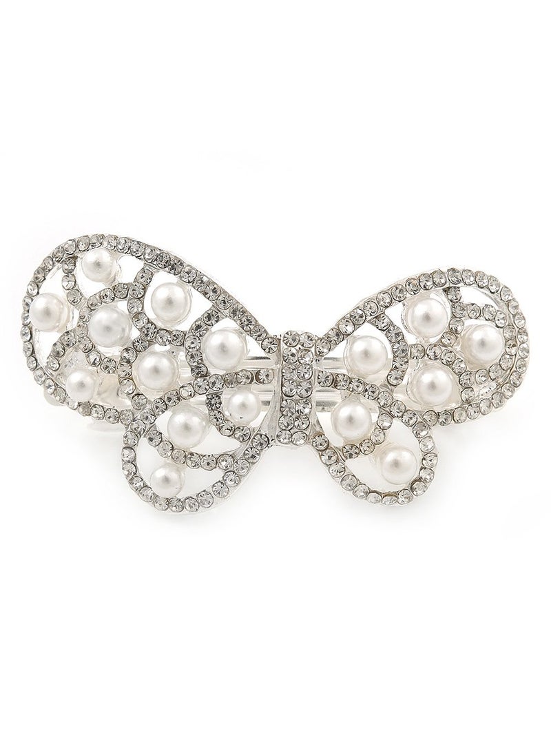 Avalaya Bridal Wedding Prom Silver Tone Simulated Pearl Diamante 'Asymmetrical Butterfly' Barrette Hair Clip Grip - 65mm Across 