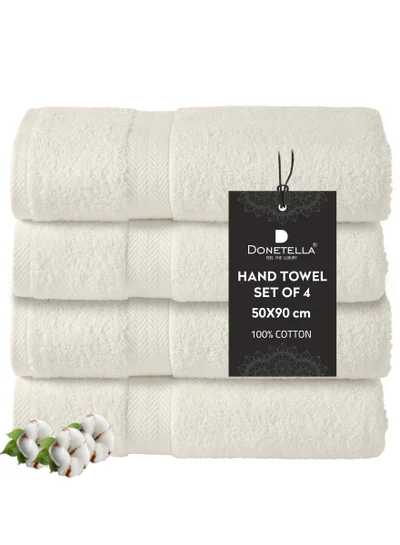 Donetella Premium 100 % Combed Cotton 4-Pcs Hand Towel Set (50 X 90 CM) 600 GSM Super Soft Hand Towel, Highly Absorbent, Quick Dry,Best Towel for Bathroom, Spa And Hotel,Ivory