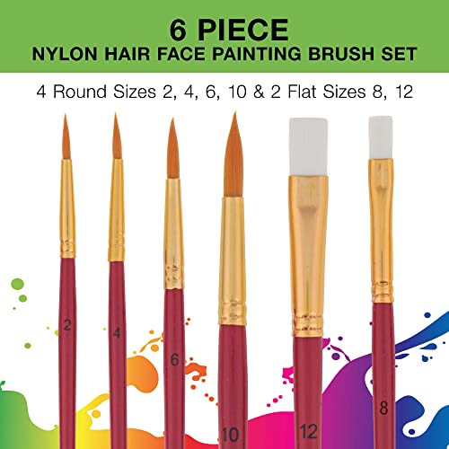 Custom Body Art 6 Piece Nylon Hair Face Painting Brush Set - 4 Round Size 2-4-6-10, 2 Flat Size 8-12 alos Great for Watercolor and Acrylic Paints - Image 2