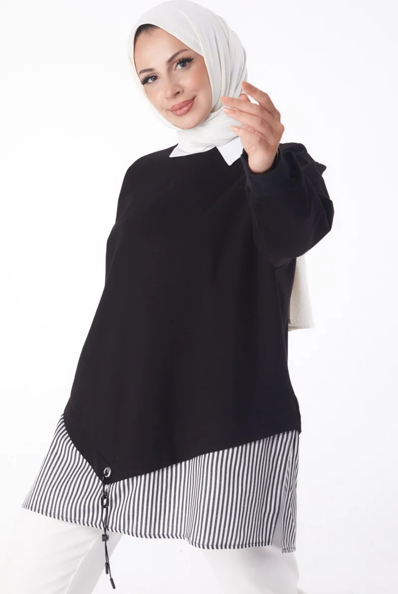 Tofisa Plain Crew Neck Women's Black Striped Sweat - 26222