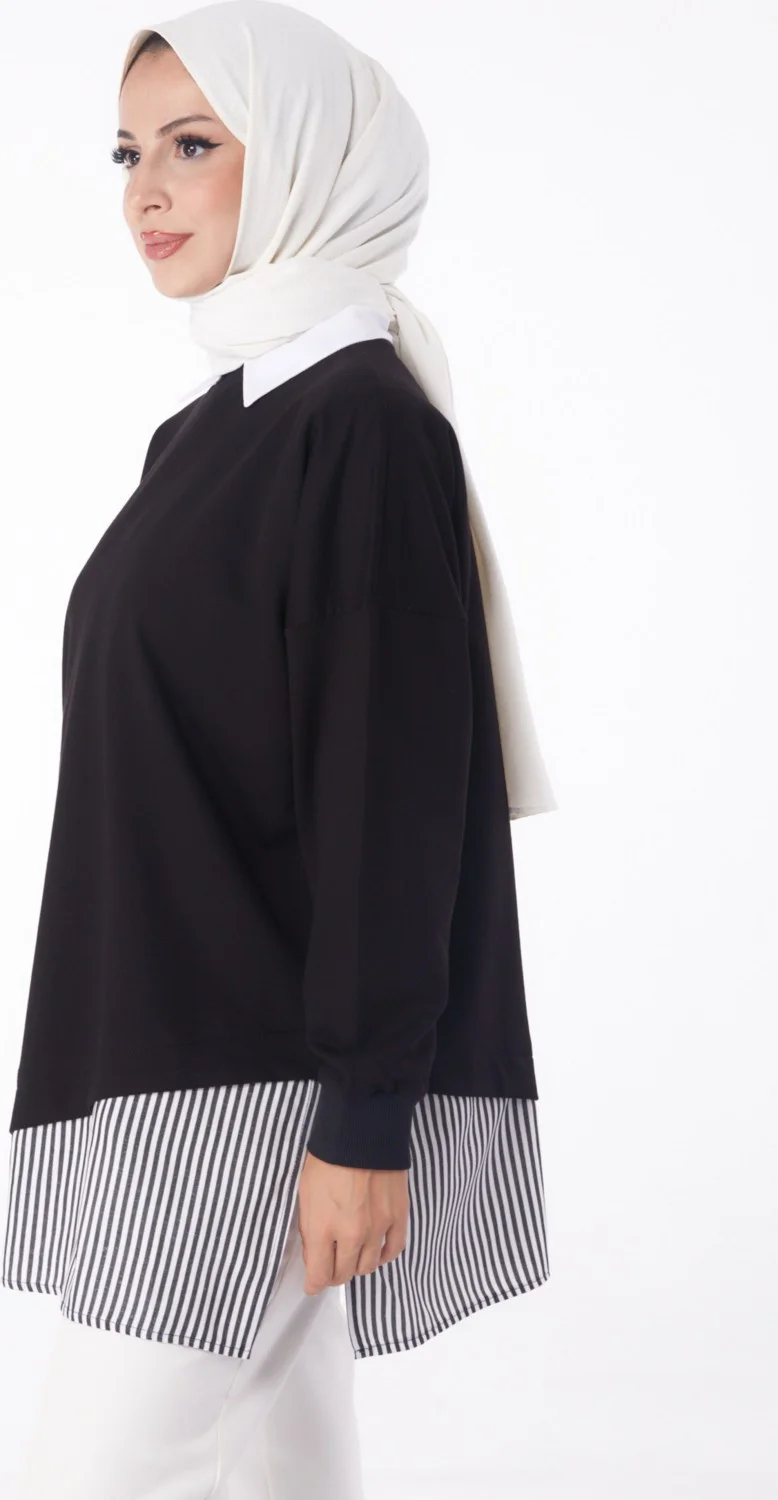 Tofisa Plain Crew Neck Women's Black Striped Sweat - 26222