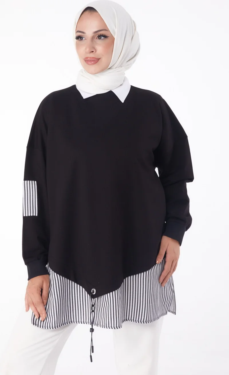Tofisa Plain Crew Neck Women's Black Striped Sweat - 26222