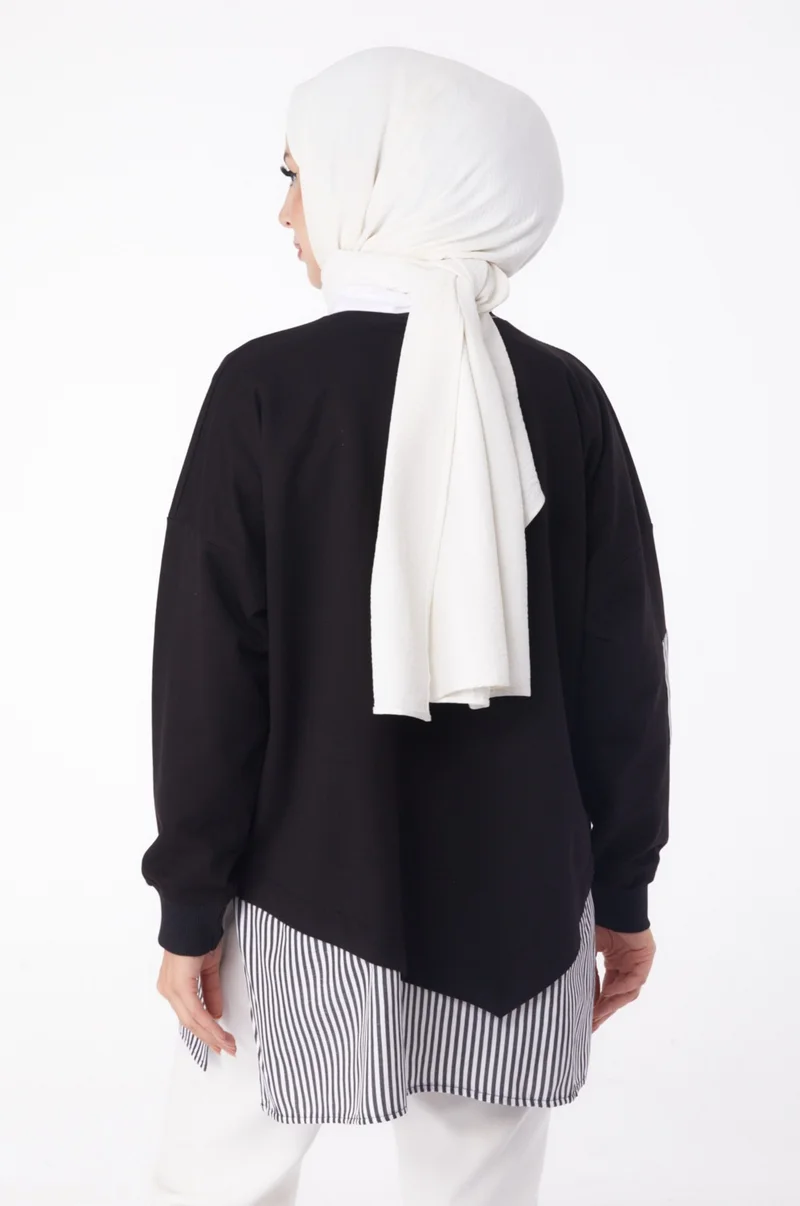 Tofisa Plain Crew Neck Women's Black Striped Sweat - 26222