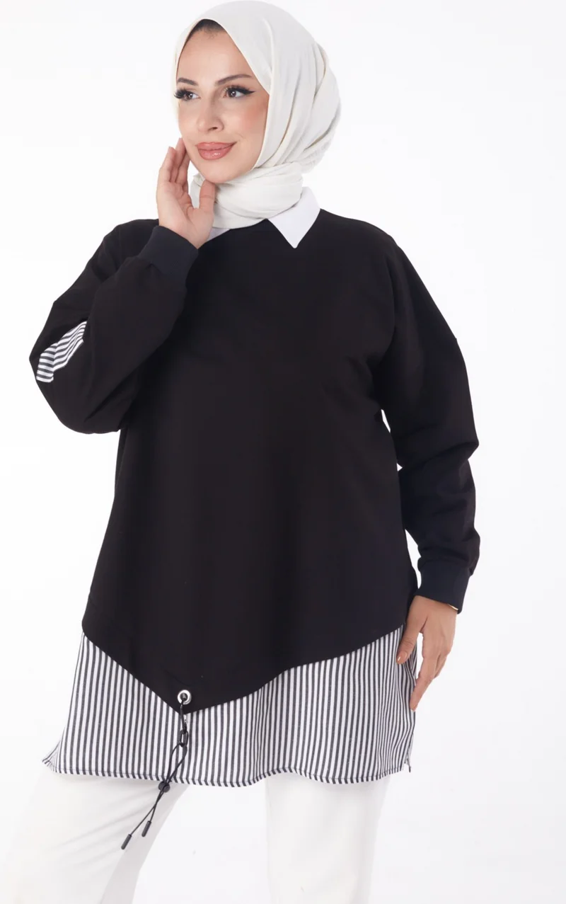 Tofisa Plain Crew Neck Women's Black Striped Sweat - 26222
