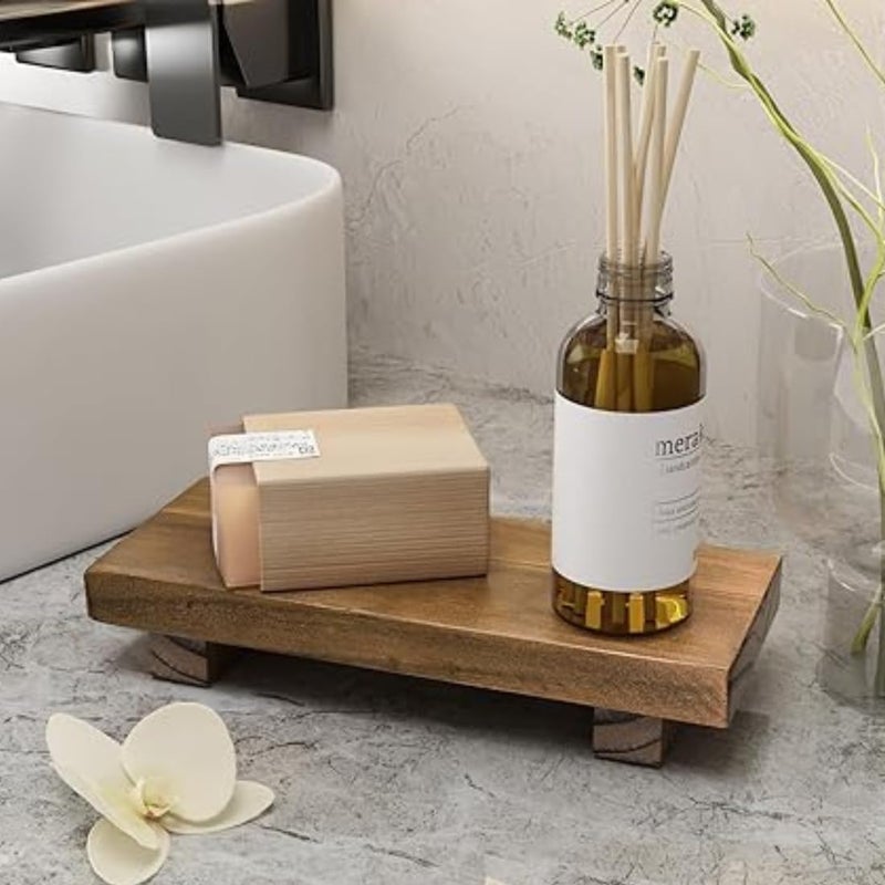 Crysellewoods Pedestal Stand Risers for Decor 87x35 Small Wooden Riser Soap Stand for Table Countertop Kitchen Sink Decor Farmhouse Footed Tray for Candle Bathroom Counter Decor Walnut Color - Image 1