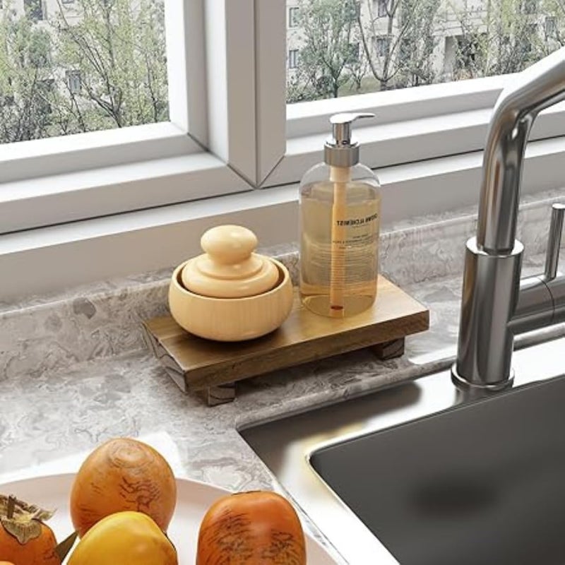 Crysellewoods Pedestal Stand Risers for Decor 87x35 Small Wooden Riser Soap Stand for Table Countertop Kitchen Sink Decor Farmhouse Footed Tray for Candle Bathroom Counter Decor Walnut Color - Image 5
