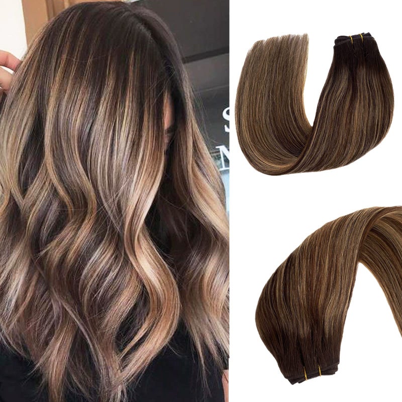 Weft Hair Extensions Real Human Hair 18 inch 100g Brown to Golden Brown with Blonde Highlights Sew in Hair Extensions Hand Tied Remy Human Hair Extensions Bundles