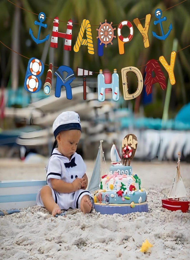 BHNACIER Nautical Happy Birthday Banner Nauticals Party Decorations Nautical Birthday Banner Nauticals Party Banners Cruise Anchor Sailboat Yacht Sign for Ocean Cruise Sailor Theme Birthday Supplies - Image 5