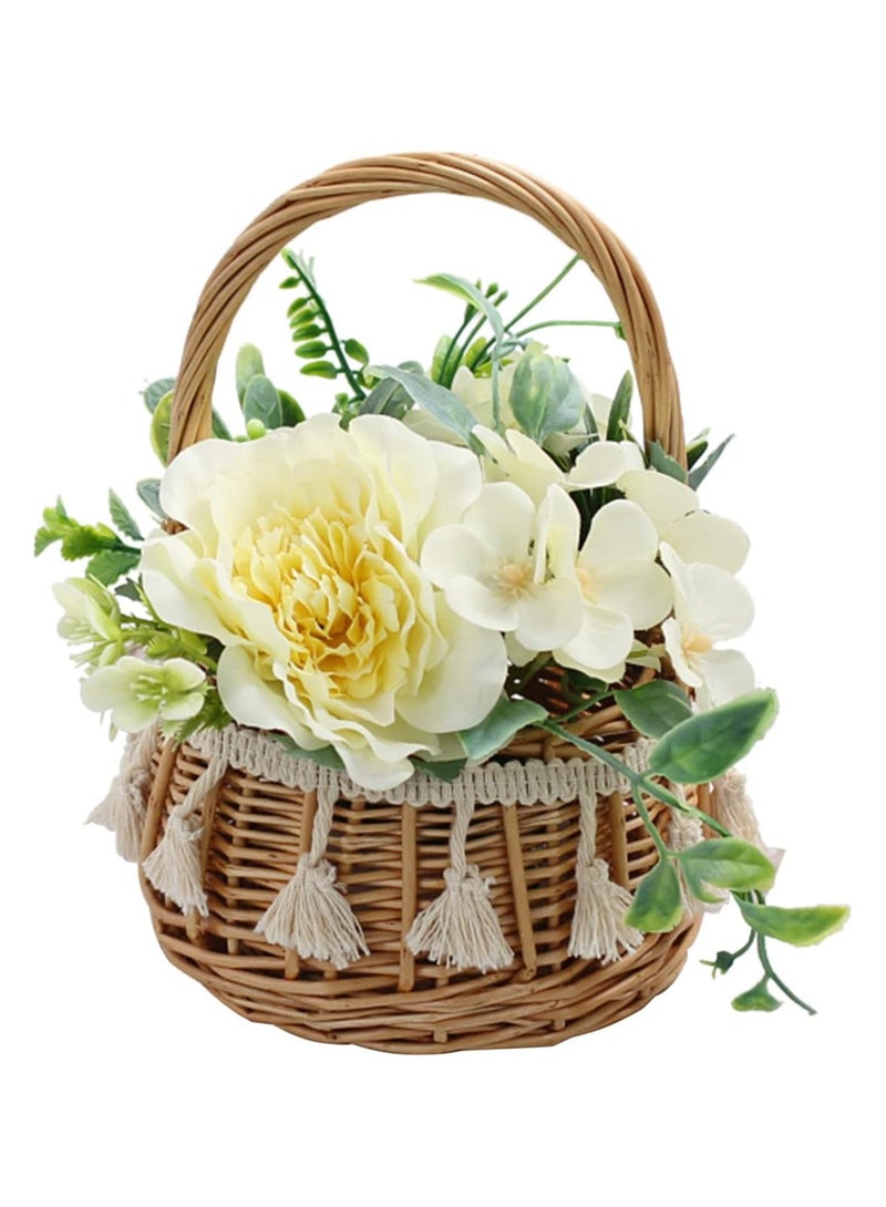 Wicker Rattan Flower Girl Basket, Willow Basket with Camellia Grandiflora, Willow Straw Basket Small Woven Basket with Handle, Rattan Basket for Wedding Flower Basket for Gifts