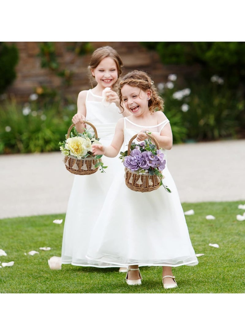 Wicker Rattan Flower Girl Basket, Willow Basket with Camellia Grandiflora, Willow Straw Basket Small Woven Basket with Handle, Rattan Basket for Wedding Flower Basket for Gifts