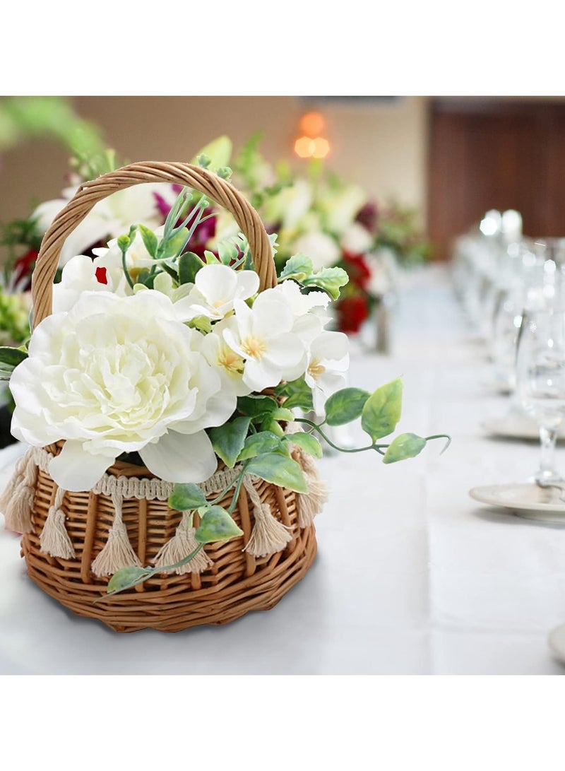 Wicker Rattan Flower Girl Basket, Willow Basket with Camellia Grandiflora, Willow Straw Basket Small Woven Basket with Handle, Rattan Basket for Wedding Flower Basket for Gifts