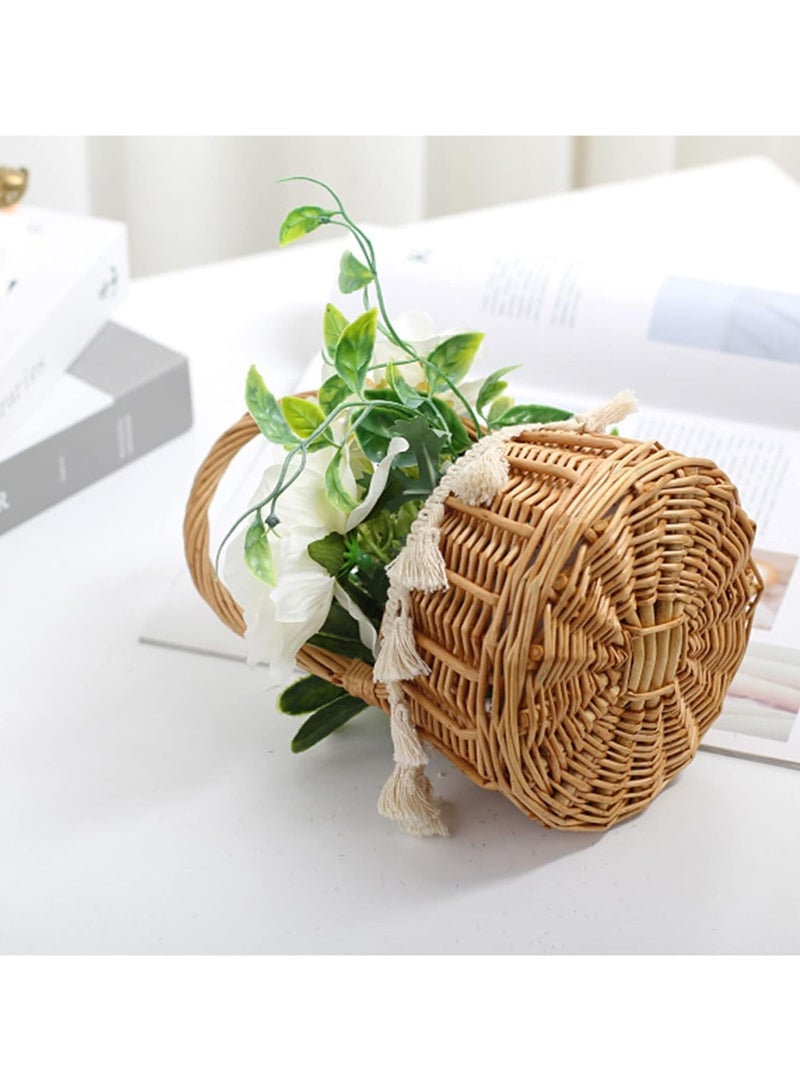 Wicker Rattan Flower Girl Basket, Willow Basket with Camellia Grandiflora, Willow Straw Basket Small Woven Basket with Handle, Rattan Basket for Wedding Flower Basket for Gifts