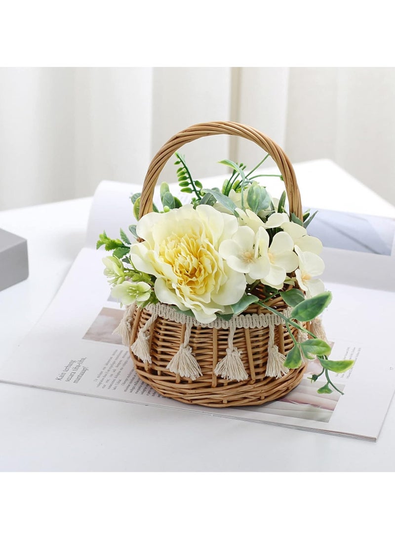 Wicker Rattan Flower Girl Basket, Willow Basket with Camellia Grandiflora, Willow Straw Basket Small Woven Basket with Handle, Rattan Basket for Wedding Flower Basket for Gifts