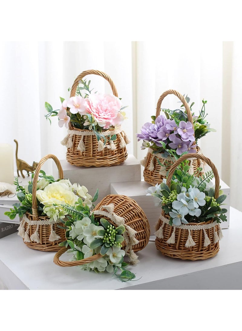 Wicker Rattan Flower Girl Basket, Willow Basket with Camellia Grandiflora, Willow Straw Basket Small Woven Basket with Handle, Rattan Basket for Wedding Flower Basket for Gifts