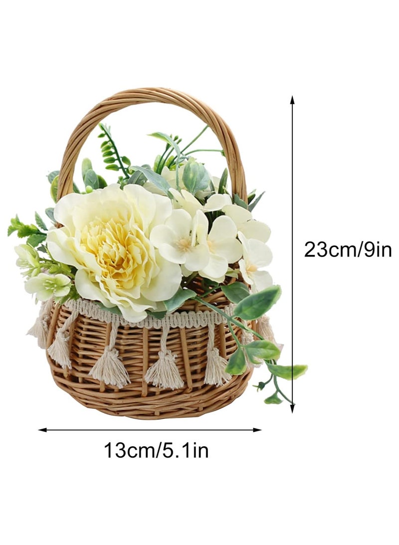 Wicker Rattan Flower Girl Basket, Willow Basket with Camellia Grandiflora, Willow Straw Basket Small Woven Basket with Handle, Rattan Basket for Wedding Flower Basket for Gifts