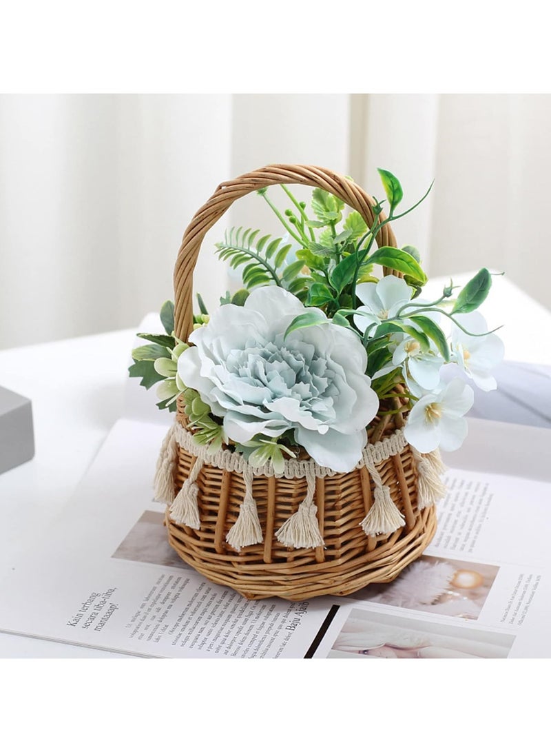 Wicker Rattan Flower Girl Basket, Willow Basket with Camellia Grandiflora, Willow Straw Basket Small Woven Basket with Handle, Rattan Basket for Wedding Flower Basket for Gifts