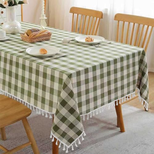 Jia le JIALE Spring Gingham Tablecloth Rectangle Cotton Linen Fabric Checkered Table Cloth with Tassel Washable Wrinkle Free Buffalo Plaid Table Cover for Outdoor Party Picnic Kitchen Dining, Green, 55x75 - Image 1
