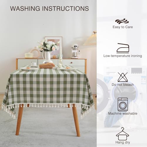 Jia le JIALE Spring Gingham Tablecloth Rectangle Cotton Linen Fabric Checkered Table Cloth with Tassel Washable Wrinkle Free Buffalo Plaid Table Cover for Outdoor Party Picnic Kitchen Dining, Green, 55x75 - Image 4