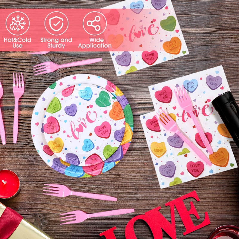 Zhehao 200 Pcs Valentine Party Supplies Conversation Heart Disposable Tableware Set Heart Love Candy Paper Plates Napkins for Valentines Anniversary Birthday Party Supplies  Serves 50 Guests - Image 3
