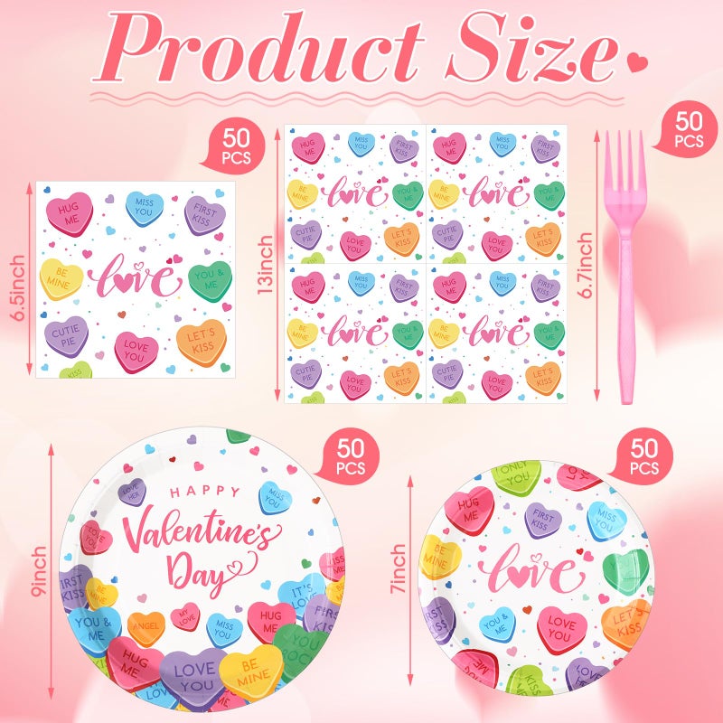 Zhehao 200 Pcs Valentine Party Supplies Conversation Heart Disposable Tableware Set Heart Love Candy Paper Plates Napkins for Valentines Anniversary Birthday Party Supplies  Serves 50 Guests - Image 2