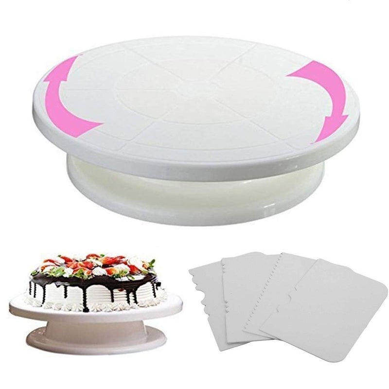 EAYIRA Revolving Cake Decorating Turntable, 360° Round Easy Rotate Cake Stand for Sugarcraft, Rotating Platform for Cake Baking, 28 cm, Cake Decoration Turning Table Tool with 4pc Scraper Fondant Set - Image 1
