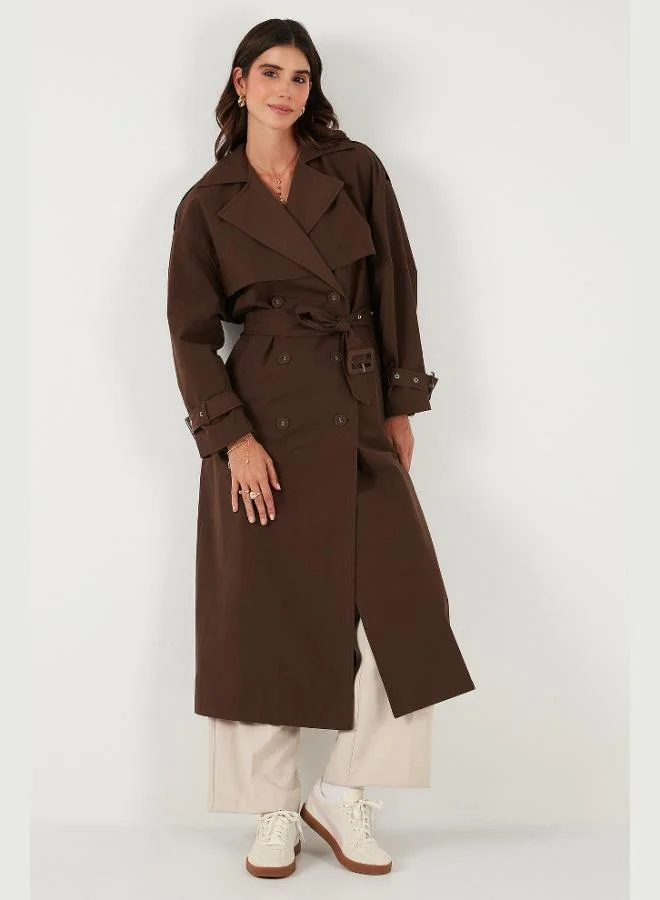 ليلا معطف ترنش نسائي قطني فضفاض مزدوج الصدر بكتف مزين وواقي من الرياح