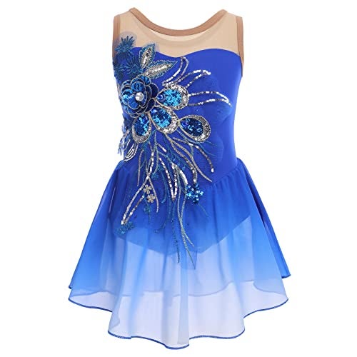 AFAVOM Figure Skating Dress for Girls Sequin Flower Mesh Ice Skating Dress Ballet Dance Leotard Dress Chiffon Skirted Ballerina Dancewear for Competition Stage Performance Costume Royal Blue 9-10 Years - Image 1