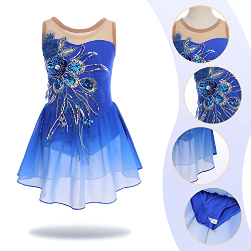 AFAVOM Figure Skating Dress for Girls Sequin Flower Mesh Ice Skating Dress Ballet Dance Leotard Dress Chiffon Skirted Ballerina Dancewear for Competition Stage Performance Costume Royal Blue 9-10 Years - Image 3