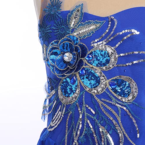 AFAVOM Figure Skating Dress for Girls Sequin Flower Mesh Ice Skating Dress Ballet Dance Leotard Dress Chiffon Skirted Ballerina Dancewear for Competition Stage Performance Costume Royal Blue 9-10 Years - Image 4