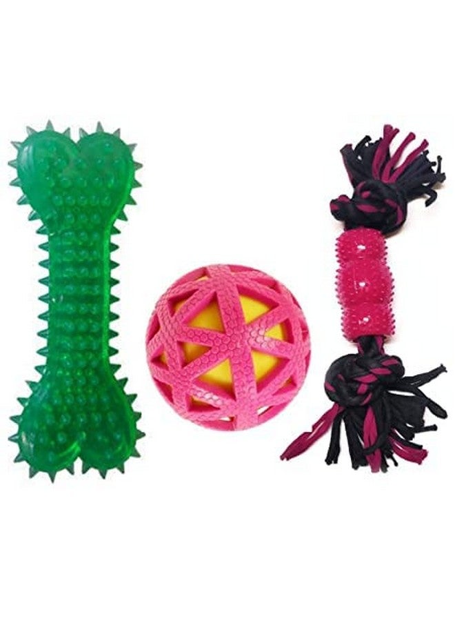 Pet Squeaky Ball, Spike Bone And Two Knot Teething Rope Chew Toys For Dogs, Puppies And Cat (Pack Of 3)-Multicolor - Image 1