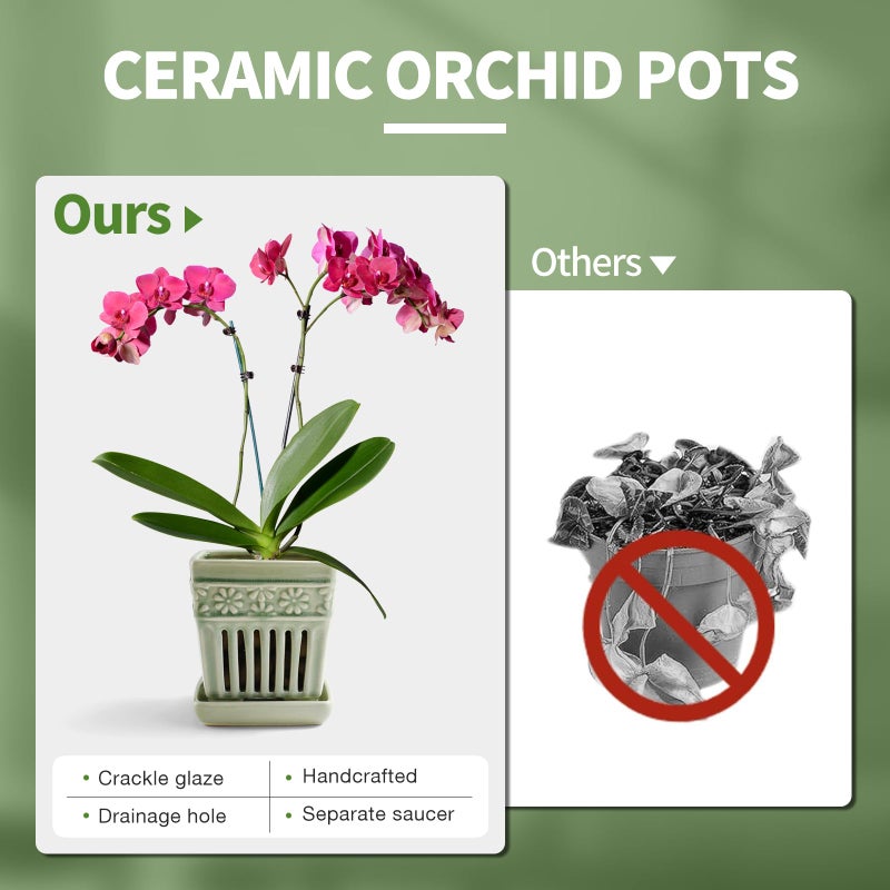 SUADEN Orchid Pots with Holes | 5" Ceramic Orchid Planter with Separate Saucer and Drainage Holes | Glazed Pottery Small Flower Pot for Repotting Orchids(Green) - Image 3