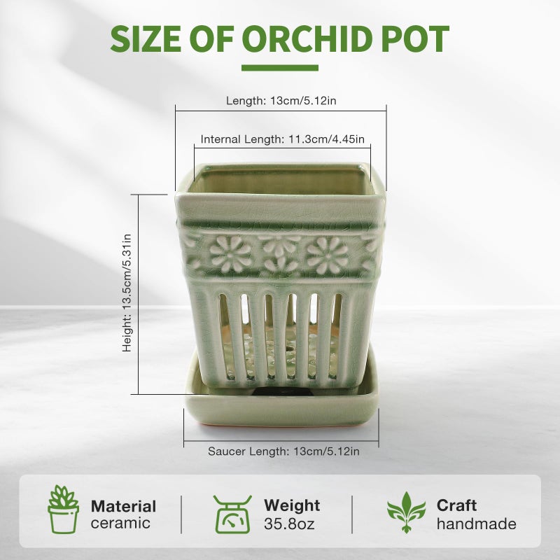 SUADEN Orchid Pots with Holes | 5" Ceramic Orchid Planter with Separate Saucer and Drainage Holes | Glazed Pottery Small Flower Pot for Repotting Orchids(Green) - Image 5