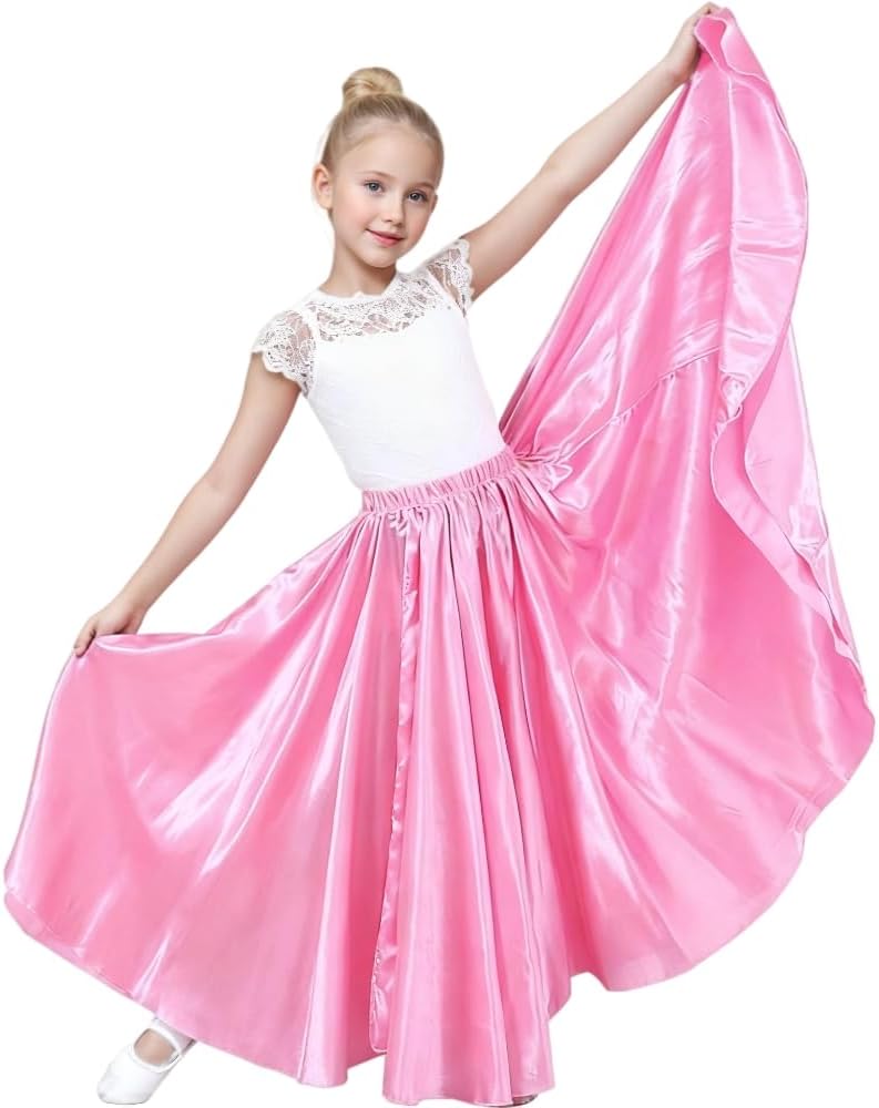 Sancan Girls Belly Latin Dance Skirt - Elastic Waist Ankle Length Full Flowy Circle Dancewear for Dance Practice Training - Image 2