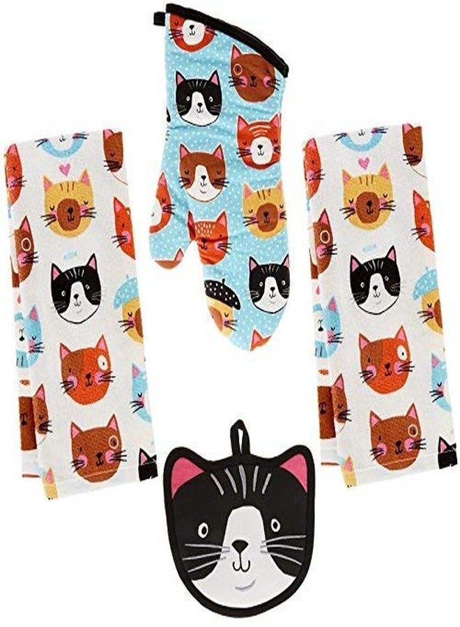 Kay Dee 4 Piece Kitchen Set - 2 Terry Towels, Oven Mitt, Potholder (Crazy Cat) - Image 1